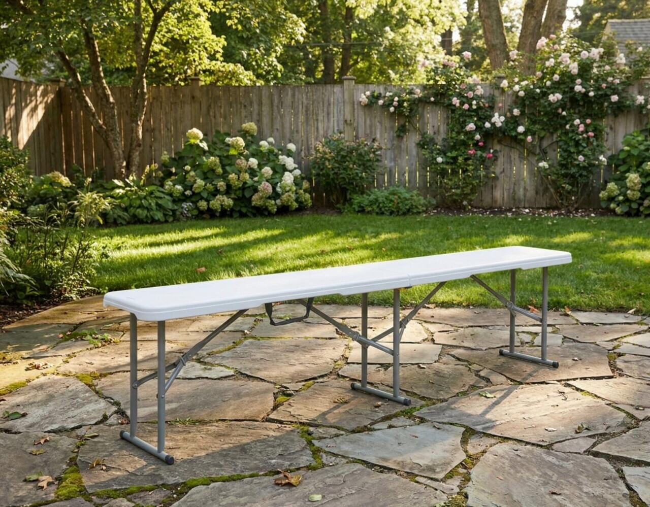 Banca pliabila pentru gradina Heinner, 182x28x43 cm, otel/plastic, alb/gri - imagine 4